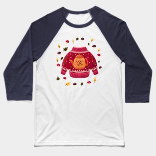 Christmas holiday sweater with tea kettle, leaves and mushrooms. Colorful winter festive illustration. Baseball T-Shirt